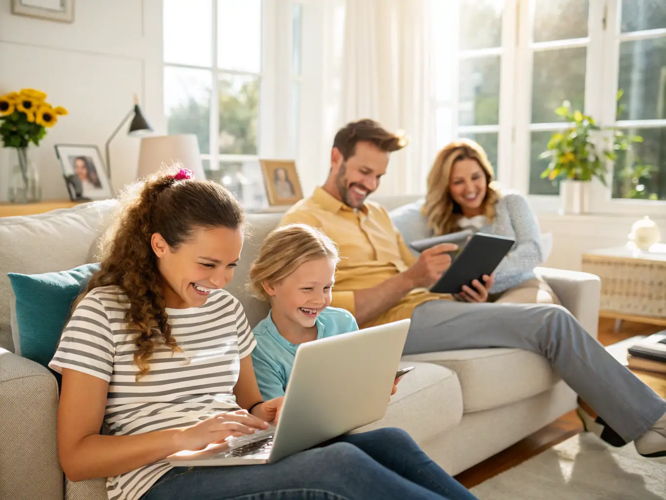 A vibrant image showcasing a family enjoying seamless streaming and video calls in their modern living room, highlighting the reliability of Birmingham Fibre's internet service.