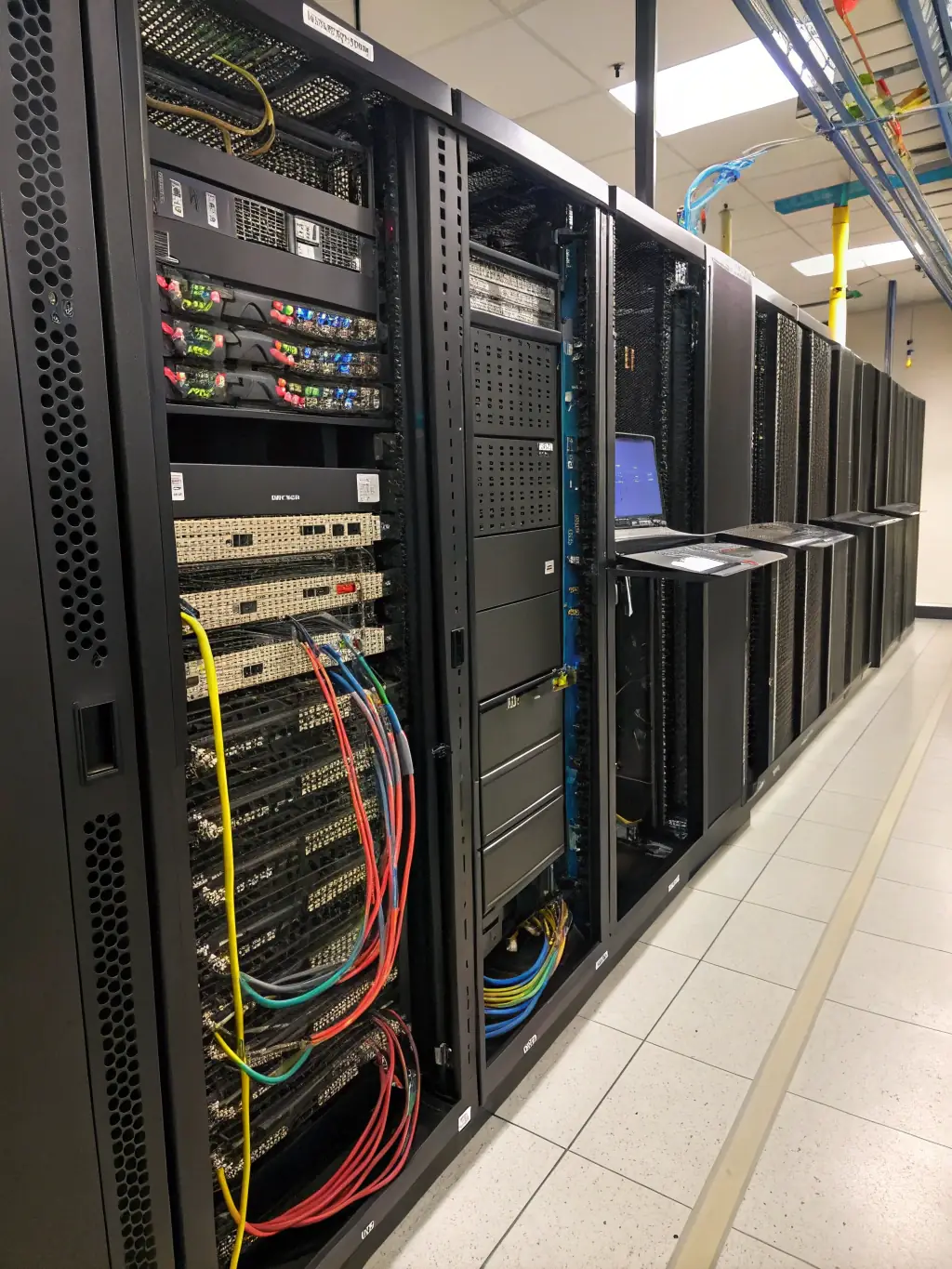 A neat and organized server room with color-coded cables, illustrating the benefits of structured cabling for network management and performance.