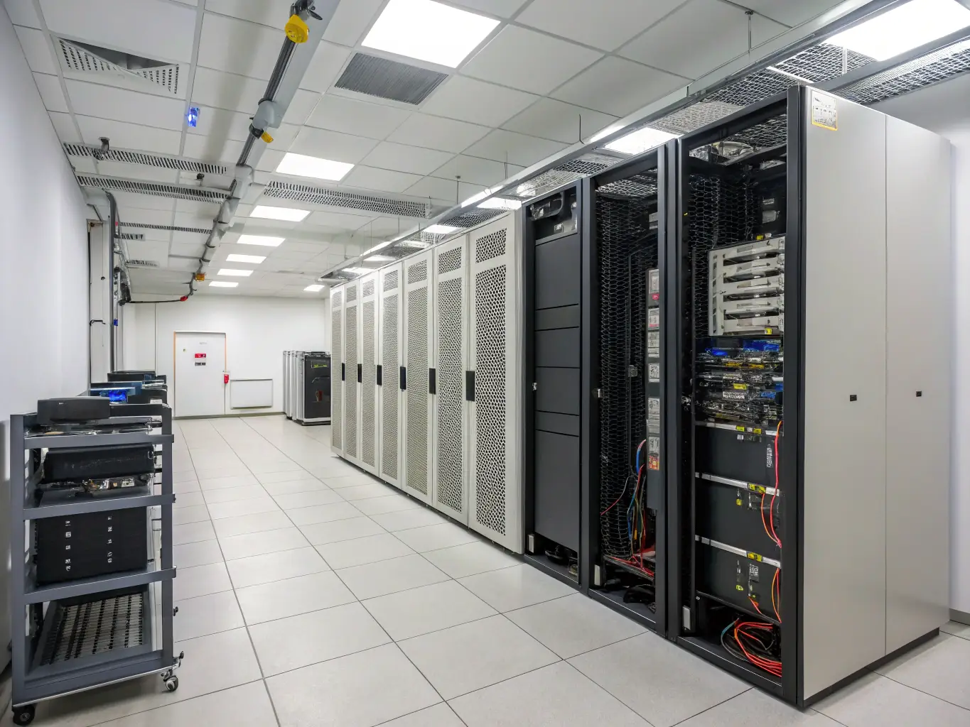 A neatly organized server room with color-coded cables, showcasing structured cabling solutions provided by Birmingham Fibre.