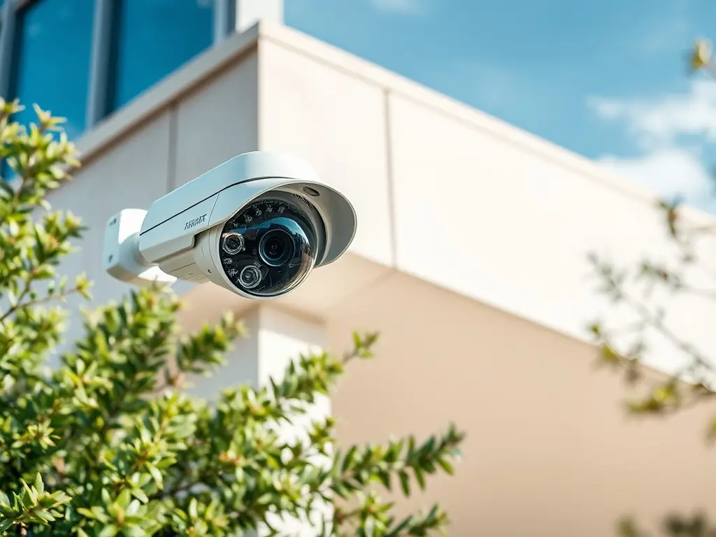 A high-resolution CCTV camera mounted on a building exterior, providing surveillance and security.
