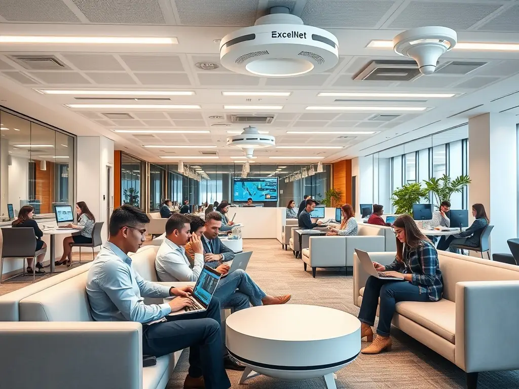 A modern office space with strategically placed Wi-Fi access points, demonstrating seamless wireless coverage.