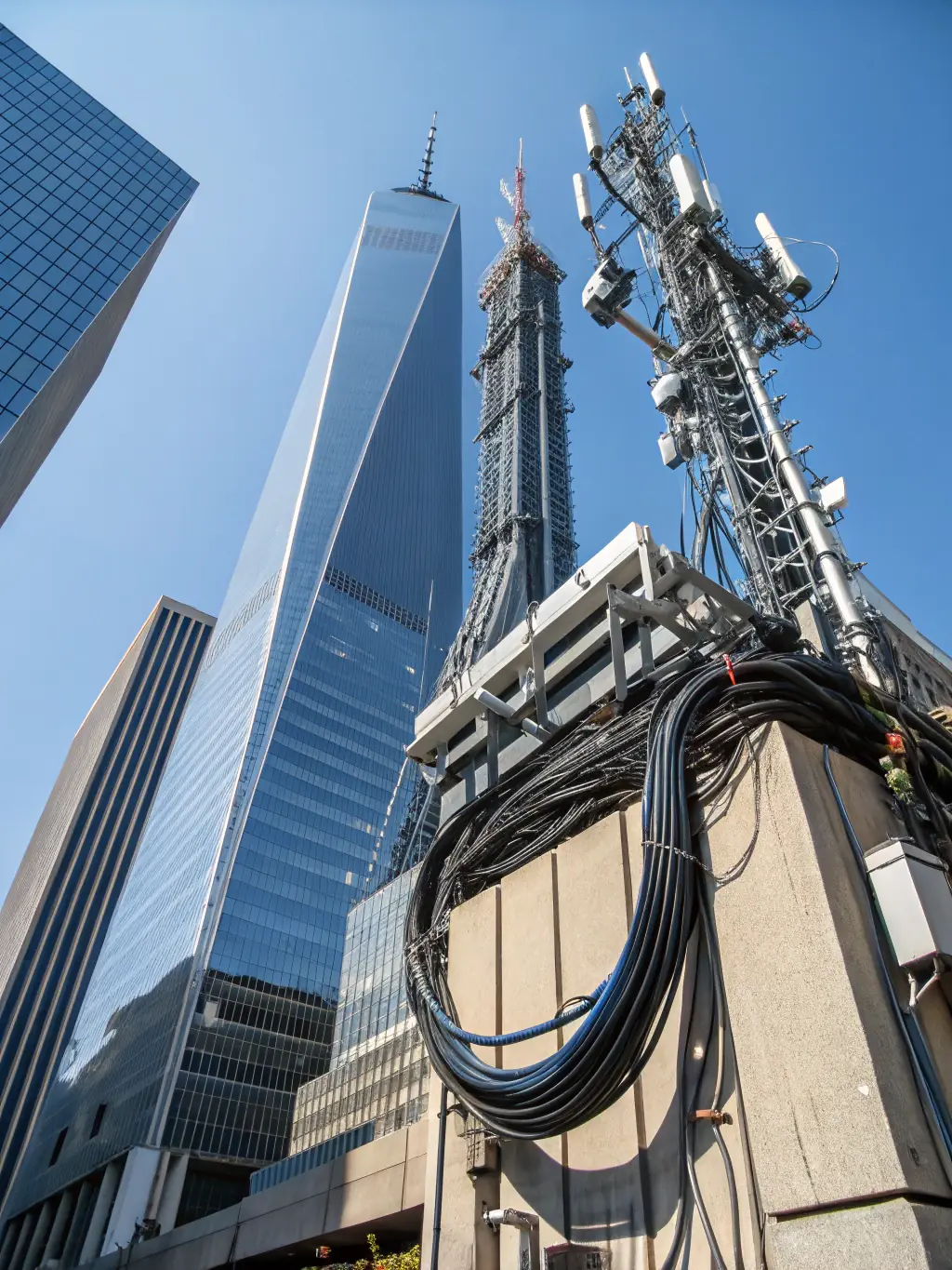 A point-to-point radio link setup connecting two buildings, demonstrating how this technology provides reliable internet access in remote locations.